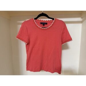 Tommy Hilfiger Women's Red Scalloped Trim Short Sleeve Cotton T-Shirt M